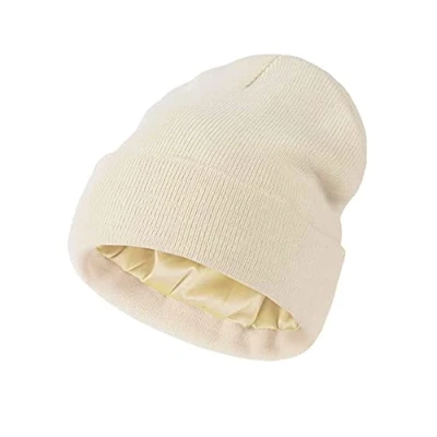 Imagen de TOEECY Gorros Invierno Mujer Cálido Suave Fino Gorro de Punto Classics Básico Beanie con Forro satén Proteger el Peinado Moda Cómodo Slouchy Sombrero Unisex (Beige)