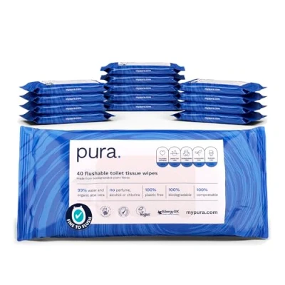 Imagen de Pura Papel Higiénico Húmedo, 560 Toallitas (14 x 40 Toallitas), de Baño Desechables Para Piel Sensible, 100% Libres Plástico, 99% Agua, Certificadas Como &#039;Fine to Flush&#039;