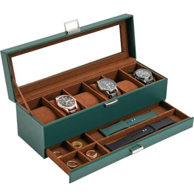 Imagen de Procase Caja de Relojes 6 Ranuras con Cajón, Funda Organizadora Reloj 2 capas Tapa Cristal, Estuche Almacenamiento para Hombres y Mujeres Verde