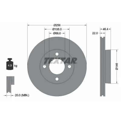 Imagen de TEXTAR 92026000 Disco de freno 256 22 04/04 108 ventilación interna sin perno sujeción rueda, buje rueda AUDI: 90 B3, 100 C3 Berlina