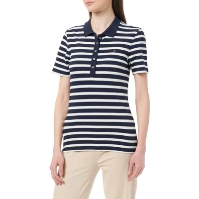 Imagen de Tommy Hilfiger 1985 Slim Pique Stripe Polo SS WW0WW39530 Polos de Manga Corta, Azul (Breton STP/Desert Sky/Ecru), XL para Mujer