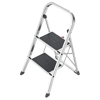 Imagen de Hailo K30 3960161 Taburete de Aluminio con 2 Peldaños y Esterillas Antideslizantes, Plateado