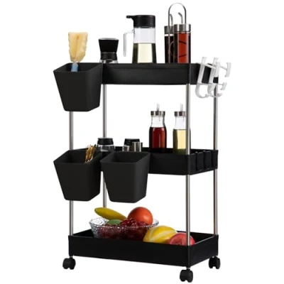 Imagen de DOEWORKS Carrito de Almacenamiento Cocina con Tazas Colgantes, Carro Servicios 3 Niveles Rodante Ruedas para Baño Dormitorio Oficina, Negro