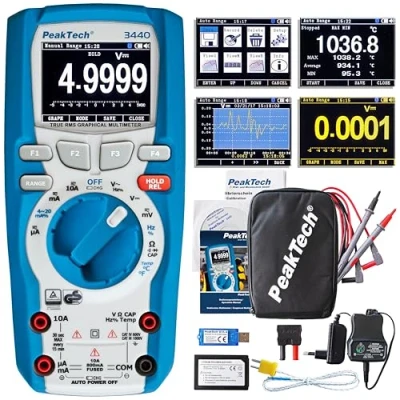 Imagen de PeakTech 3440 Multímetro Digital Rms con 4.0 Bluetooth y Pantalla Gráfica, 50000 Cuentas, Portátil Profesional, Tuv / Gs, Rango Automático Medidor de Voltaje, Probador Continuidad Cat III 1000V