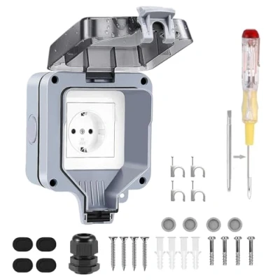 Imagen de 1 enchufe exterior, IP66, resistente a la intemperie, de pared para 16 A, jardín, contacto con protección tapa abatible, zonas húmedas, cocina, garaje