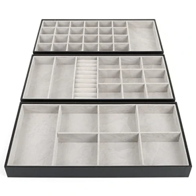Imagen de BELLE VOUS Bandeja Pack de 3 Organizador Joyas para Cajones Símil Cuero Negro Apilable 18 x 36 3,6 cm Collares, Anillos, Brazaletes y Pendientes