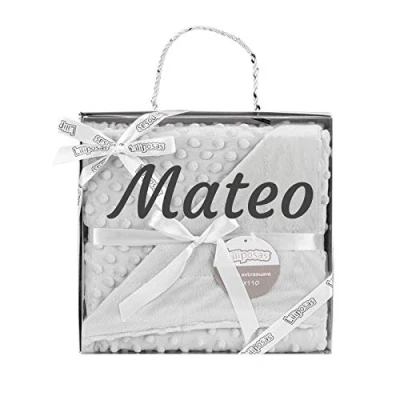 Imagen de Variouss Manta de Bebe Personalizado con su Nombre Bordado, Cochecito o capazo. (Manta Gris)