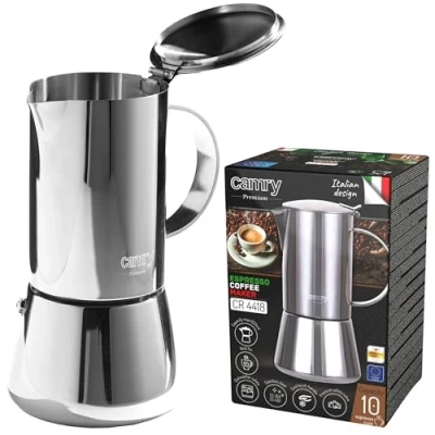 Imagen de CAMRY Cafetera clásica de acero inoxidable 500 ml moka apta Para inducción todo tipo placas Prepara 10 tazas café expreso Mango con aislamiento térmico camping
