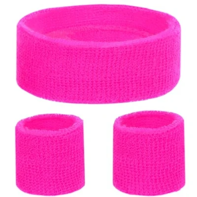 Imagen de KarneLux Juego de bandas para el sudor neón, estilo retro los años 80 y 90, accesorios vokuhila con pulseras diadema, accesorio disfraz hombre mujer (rosa neón)