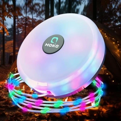 Imagen de MoKo Linterna de Camping Guirnaldas Luces, 10M Luces Exterior Recargable con 8 Modos Iluminación Luz Cálida + Colorida, Lámpara Cadena Resistente al Agua