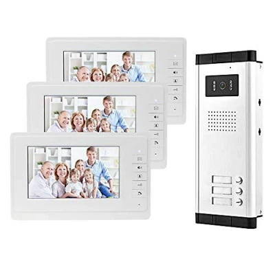 Imagen de uoweky Portero de vídeo (7 Pulgadas, con Cable, Sistema Puerta IR, cámara visión Nocturna, 480 p + Pantallas Control Interior para 2/3 Apartamentos (3 monitores)