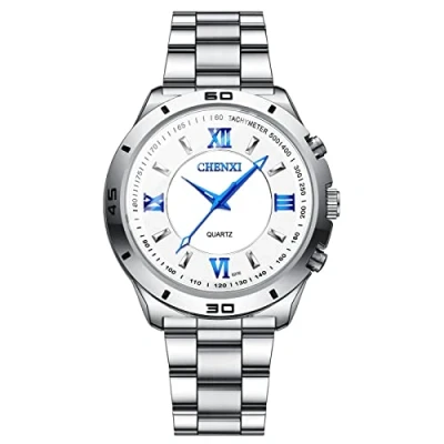 Imagen de JewelryWe Reloj de Cuarzo para Hombre, Hombre Simple Tendencia Bar Scale Dial Luminous Hands Correa Acero Inoxidable (Blanco)