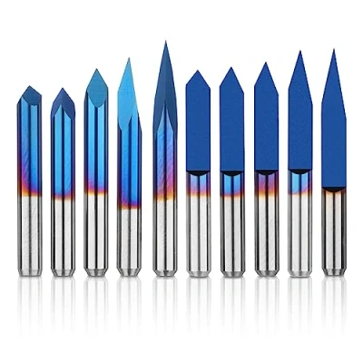 Imagen de Genmitsu Juego de 10 brocas para enrutador CNC con vástago 1/8&quot;, broca en V plana: 20/30/45/60/90 grados, punta triangular: 0,1 mm, nanocapa azul cónica