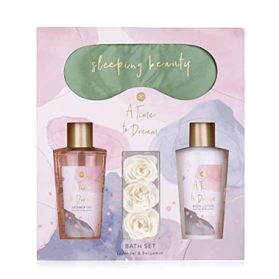 Imagen de Accentra set de regalo para mujer A Time To Dream belleza con antifaz dormir, gel ducha, loción corporal y confeti baño rosas bienestar mujeres niñas