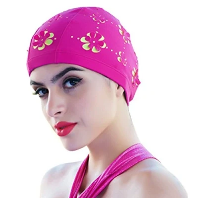 Imagen de Medifier Gorro de baño con flores huecas para cabello corto y largo (rojo rosa)