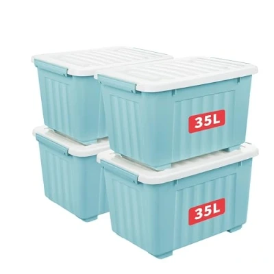 Imagen de Cetomo caja de almacenamiento plástico 35 x 4 pulgadas, azul, mano, contenedor organizador con tapa duradera y hebillas cierre seguras, apilable apilable, paquete 4, hebilla