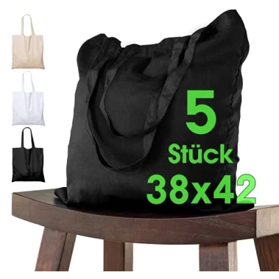 Imagen de ELES VIDA bolsa de algodón 38x42 cm 5 piezas sin imprimir, dos asas largas con certificación OEKO TEX® tela, transporte, algodón, compras, yute, Negro