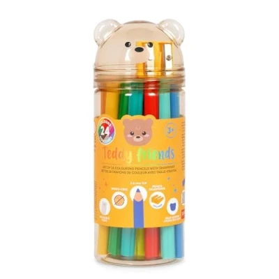 Imagen de Legami Juego de 24 lápices colores con sacapuntas Teddy Friends, para colorear, forma oso, resistentes, sin madera, brillantes, recipiente PET reutilizable