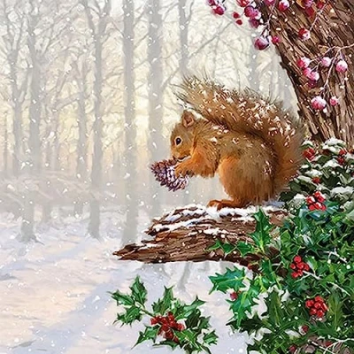Imagen de 20 Servilletas de Navidad con diseño ardilla en árbol invierno como decoración mesa. papel diseño. También para decoupage y (33 x 33 cm)