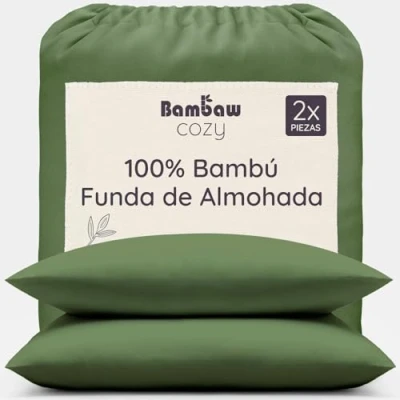 Imagen de Bambaw Fundas de Almohada 75x50 cm Bambú, Pack 2, Sabana Frio Verano, Sábanas Antiácaros, Sabanas Efecto Frio, Termicas y Antiarrugas, Almohadas Bambu 50x75 (Oliva)