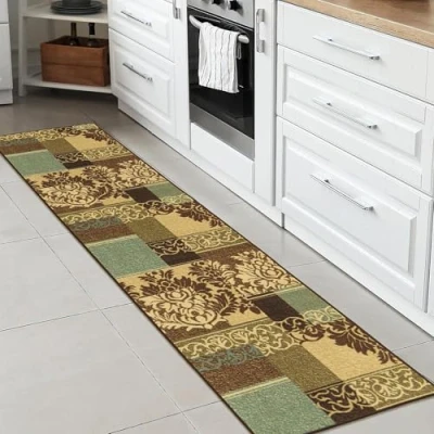 Imagen de Ottomanson Ottohome Alfombra rectangular, base de goma, diseño damasco contemporáneo, 57 x 210 cm, color marrón