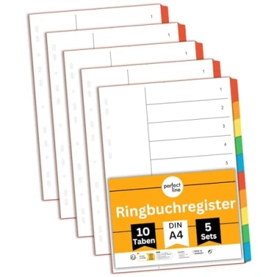 Imagen de perfect line separadores archivador 4 anillas DIN A4, de 10 unidades, set 5, cartón, FABRICADO EN ALEMANIA