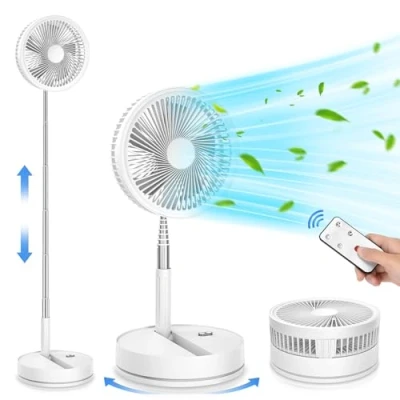 Imagen de Oscilante Ventilador de Pie Portatil Silencioso con Remoto, 9&quot; Plegable 7200mAh Bateria Recargable USB C Ventiladores, Altura Ajustabl Pequeño Mesa Ventiladores Suelo Ventoinha para Hogar Blanco