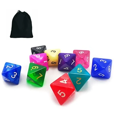 Imagen de Bescon 10pcs Set of 8 Sided Dice (Numbered 1 8), 10 Count Assorted Random Multi Effected&amp;Colored Pack D8 in Drawstring Pouch
