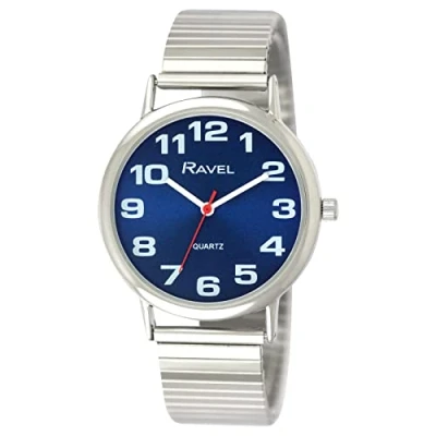 Imagen de Ravel Reloj de Pulsera Mujer Acero Inoxidable con Números Grandes y Manecillas Audaces Cuarzo Analógico R0208.46.2 Color Plateado/Esfera Azul