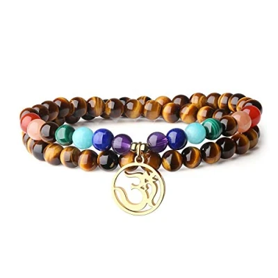 Imagen de COAI Pulsera Doble Capa Unisex de Ojo Tigre Piedra Natural con Amuleto OM y Piedras Chakras