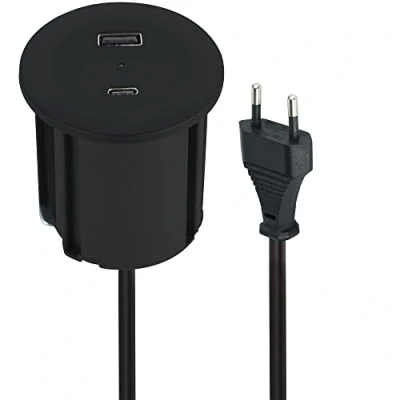 Imagen de Electraline 62568 Regleta Base Multiple con Enchufe Grommet de Escritorio, 2 USB45W (1 Tipo C Power Delivery para Cargar computadoras 1 a 3.0A Q.C.) Cable 3M, D54 60mm, Negro