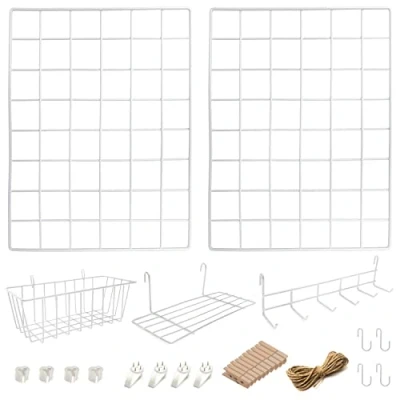 Imagen de Juego de 2 Paneles Rejilla Decoracion Pared con Accesorios Incluye Cestas para Colgar, Ordenador Cartas, Estante y Percheros Decoración Colgar en Casa, Oficina Cocina