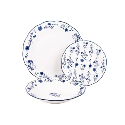 Imagen de Cofan Vajilla de porcelana esmaltada Juego 18 piezas Diseño floral azul y blanco Apta para lavavajillas, microondas horno