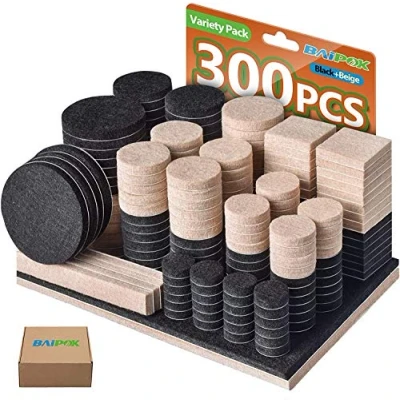 Imagen de 300 Almohadillas de Fieltro para Muebles Dos Colores (Negro 130 + Beige 110), Varios tamaños Autoadhesivas