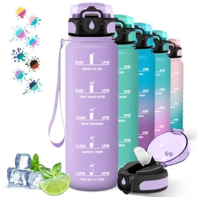 Imagen de Botella Agua 1 litro Gimnasio, Reutilizable con Pajita, Fácil de Limpiar, Deportiva, Marca Tiempo, Cantimplora para la Ciclismo, Senderismo, Correr, Púrpura