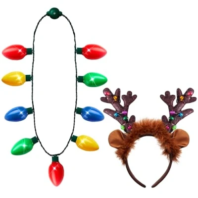 Imagen de JOYIN 2 collares LED de Navidad y diadema reno, collar iluminado con 9 bombillas, accesorios disfraz fiestas Navidad, regalos fiesta Navidad.