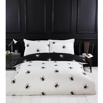 Imagen de Rapport Home Juego de Funda edredón Individual Microfibra monocromática, Cama Reversible araña Negra, con temática Halloween, no Necesita Planchado