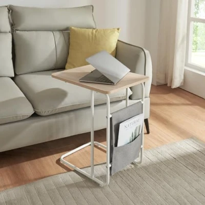 Imagen de [en.casa] Escritorio para Portátil con Bolsa de Tela Mesa Auxiliar Mesilla Noche Práctico Dimensiones Ideales Aglomerado/Acero 56x48x37 cm Blanco/Roble