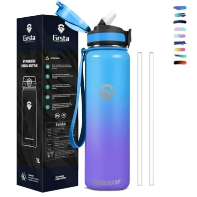 Imagen de Grsta Botella Agua Acero Inoxidable, 1 litro, Cantimplora Termica con Pajita, Gimnasio sin BPA, Doble Pared al Vacío, Para Deportes, Camping, Ciclismo, Yoga