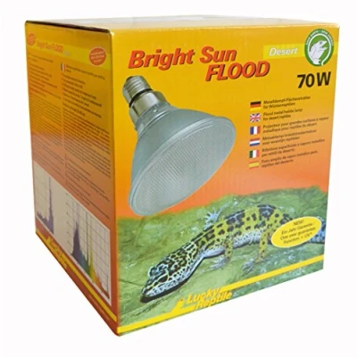 Imagen de Lucky Reptile Bright Sun Flood Desert 70 W Lámpara halogenuros metálicos para Bases E27 de luz día terrarios Calor con radiación UV Reptiles desérticos
