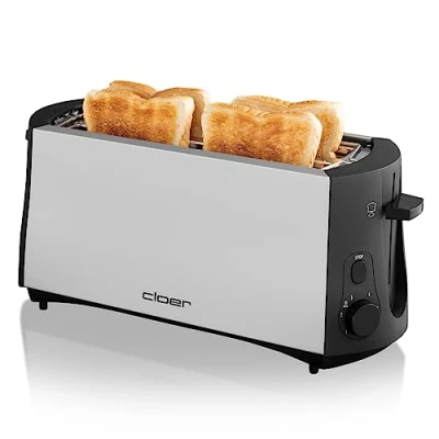 Imagen de Cloer 3710 Tostadora de ranura larga para 4 tostadas, 1380 vatios, calentador panecillos incluido, dispositivo post elevado, bandeja las migas, aislada térmicamente, metal