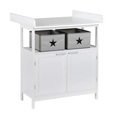 Imagen de roba Cómoda Cambiador Hamburg 2 Cajones, con Tablero Extraíble, Cajas de Almacenamiento Tela Incluidas, Fijación a la Pared, Madera Blanca