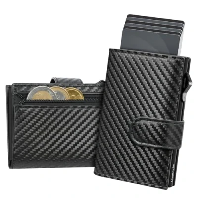 Imagen de Cartera de Piel con Bloqueo RFID, Minimalista, Inteligente, para Hombre, Bolsillo Monedas Cremallera, Triple Tarjetero, Cierre magnético, Capacidad hasta 9 Tarjetas, Ventana