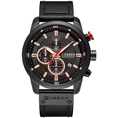 Imagen de Reloj analógico de cuarzo para hombre, correa cuero, clásico, casual, acero inoxidable, impermeable, cronógrafo, fecha, color negro, Negro , Deportes