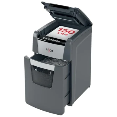 Imagen de Rexel 2020150X Destructora de Papel Automática Optimum AutoFeed 150X Corte en Partículas P4 para Oficina, Destruye Hasta 150 Hojas a la Vez, Papelera Extraíble 44 Litros, Silenciosa
