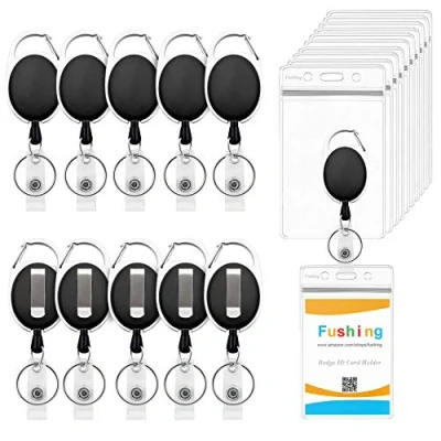 Imagen de Fushing Lote de 10 soportes retráctiles para tarjetas identificación, plástico transparente y resistente al agua, con carrete insignia retráctil, mosquetón anillo (Vertical)