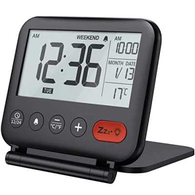 Imagen de NOKLEAD Reloj Despertador Digital de Viaje Mini Pantalla LCD portátil Calendario retroiluminado, Temperatura del Espejos cosméticos, Escritorio Plegable (negro1)
