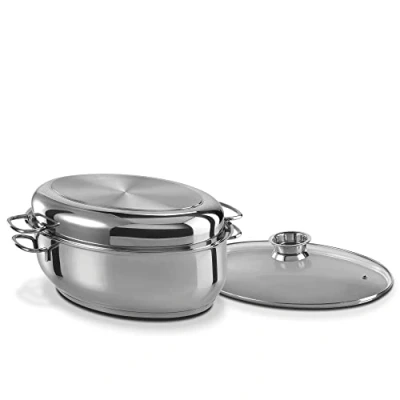 Imagen de GSW 411318 Cazuela para asados multiusos, de acero inoxidable 18/8, 3 en 1, ovalada, 38 cm, cristal, 8,5 litros, color plateado