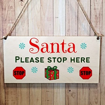 Imagen de Second Ave Santa Please Stop Here Placa rectangular de madera para colgar, diseño Papá Noel