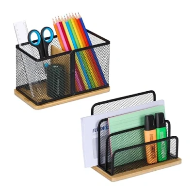 Imagen de Relaxdays Organizador de Escritorio 2 Piezas, Metal, Soporte Cartas y Portalápices, para Oficina, Bambú, Negro/Natural, 14,5x18x10 cm